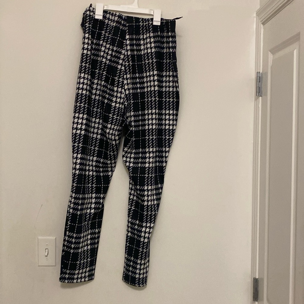 Tweed pattern work pants and skirt.